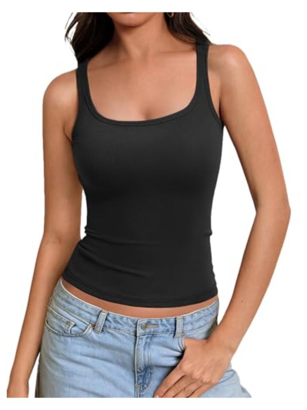 Racerback Square Neck Ribbed Tank Top Slim Fit Sleeveless Summer Cami